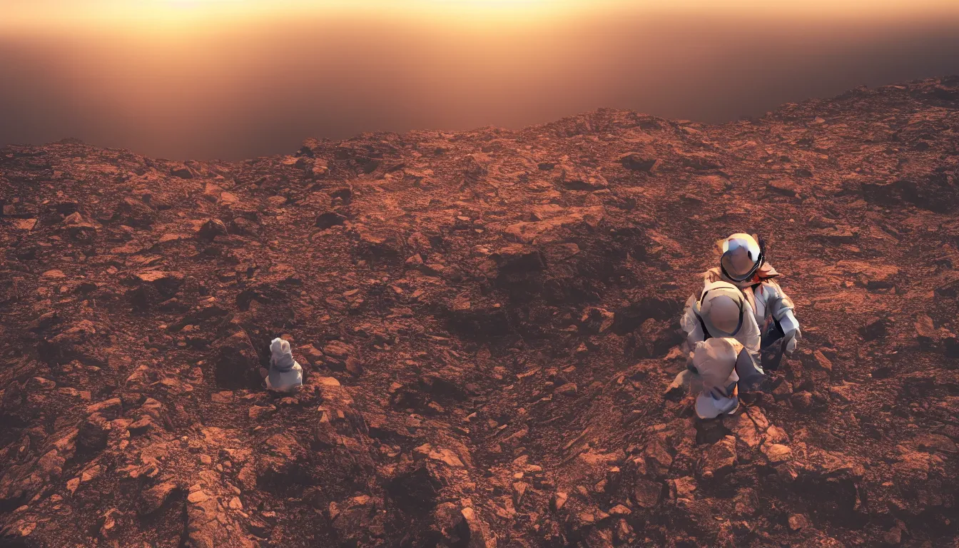 Image similar to futuristic lonely astronaut sitting on top of a mountain looking at the horizon of a unknown planet, close shot, sunset, cinematic, epic, dark scenario, 8k, award winning,