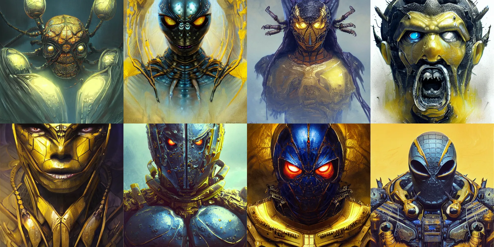 Prompt: The angry God Spider, portrait, highly detailed, digital painting, artstation, concept art, smooth, detailed rusty armor, sharp focus, beautiful face, symmetric face, dystopian, cinematic, videogame cover art, illustration, fantasy, blue and yellow color theme, art by Artgerm and Greg Rutkowski and Alphonse Mucha