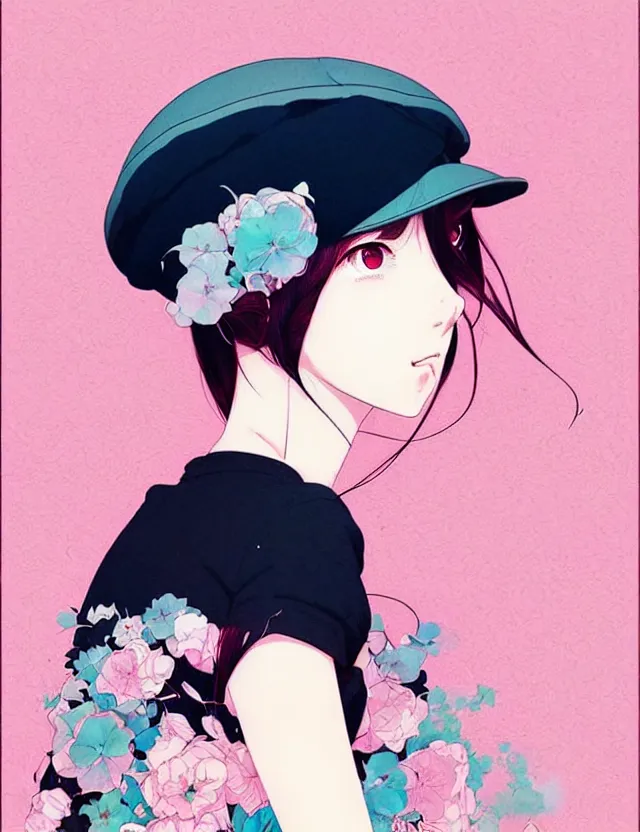 Image similar to singular girl wearing a beret, very anime!!! anime!! intricate details, aesthetically pleasing pastel colors, cool shaded poster background, art by conrad roset and ilya kuvshinov