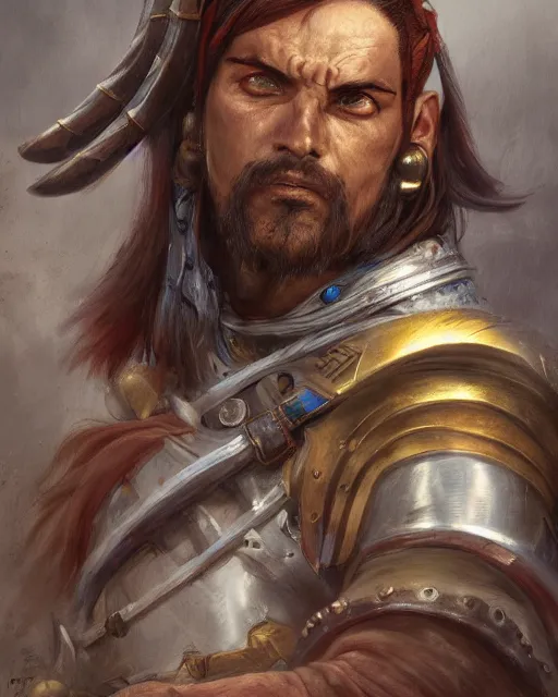 Image similar to portrait of an angry spanish conquistador in battle by filipe pagliuso and justin gerard and yoshiyuki tomino, symmetric, anatomy, facial features, detailed, intricate, portrait, digital painting, princess mononoke color scheme, trending on artstation, masterpiece