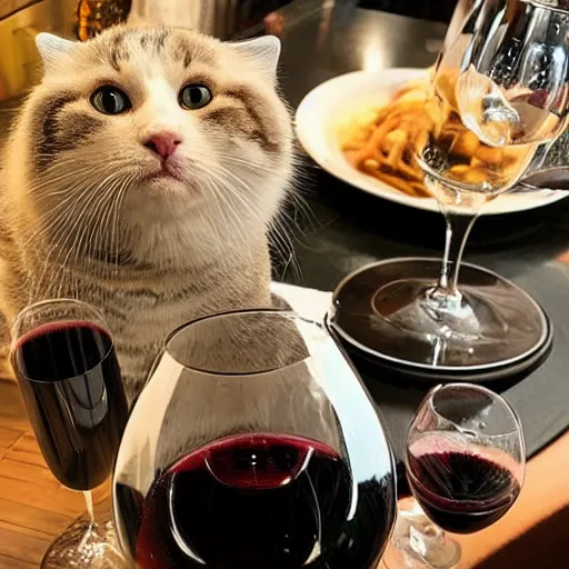 Image similar to chonky cats living lavish life drinking wine eating at the restaurant