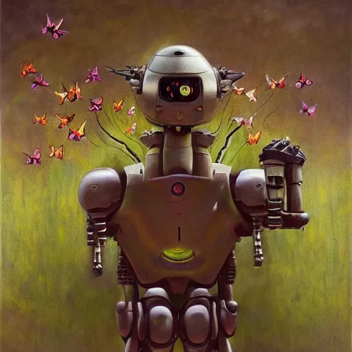 Prompt: a painting of a mecha robot looking at glowing butterfly on a flower, a hyperrealistic painting, a character portrait by brad kunkle, by by odd nerdrum, featured on cg society, pre - raphaelitism, figurative art, pre - raphaelite, apocalypse art, dystopian art, digital painting
