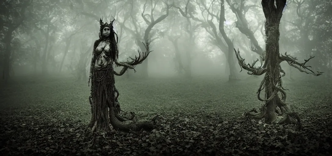 Prompt: a 8 5 mm realistic photograph of a 6 armed serpent goddess + dark fantasy + nightime + ancient forest + dramatic lighting + fog