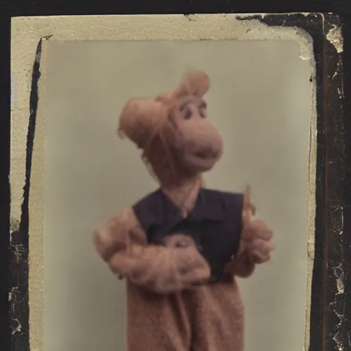 Image similar to a puppet made of human hair, old photo, expired color film, damaged photo, 1975