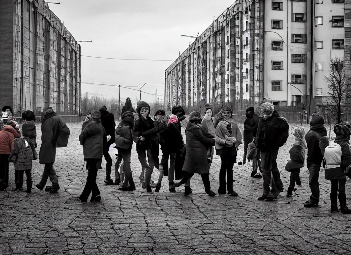 Prompt: a high - resolution photo in the style of photographer alexey titarenko with many people in a suburb of russia.