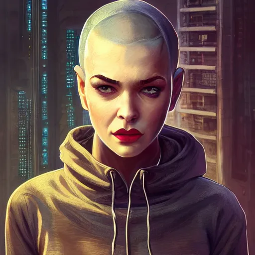 Prompt: character portrait of a 1950s girl in a hoodie, completely shaved head, dystopian cyberpunk steampunk soviet mood, intricate, wild, highly detailed, digital painting, artstation, upper body, concept art, smooth, sharp focus, illustration, art by artgerm and greg rutkowski and alphonse mucha