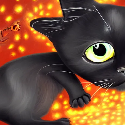 Prompt: short child black cat sorcerer with large eyes and wonky feet that causes explosions