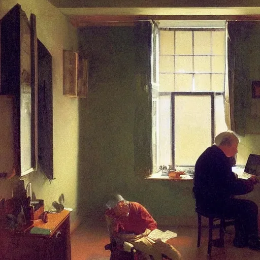 Image similar to poor grandpa trying to figure out how to send an email sitting in his small room looking at his lenovo thinkpad laptop t 4 1 0 8 gb ram jamie wyeth greg rutkowski winslow homer thomas eakins lucian freud edward hopper j. m. w. turner oil painting