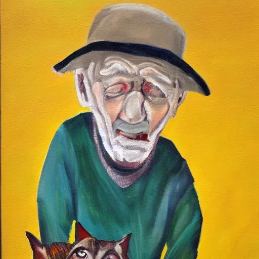 Prompt: an old man with a dog, expressionist, oil on canvas