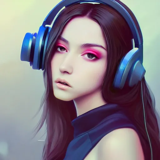 Image similar to beautiful full portrait of a girl, brunette curvy long hair, full - body shot, wearing cyberpunk headphones, streetwear, like a fashion model + high detailed, resolution beautifully detailed landscape trending on artstation 8 k, cinematic, epic detailed trending on artstation 8 k, by bukurote + krenz cushart + ryota - h + wlop