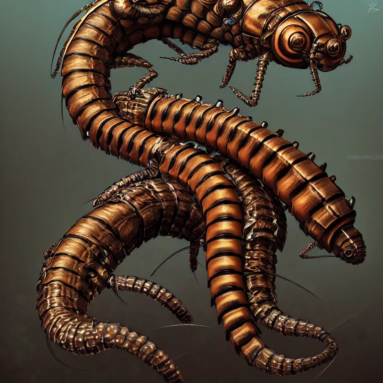 Image similar to steampunk scolopendra, 3 d model, unreal engine realistic render, 8 k, micro detail, intricate, elegant, highly detailed, centered, digital painting, artstation, smooth, sharp focus, illustration, artgerm, tomasz alen kopera, wlop