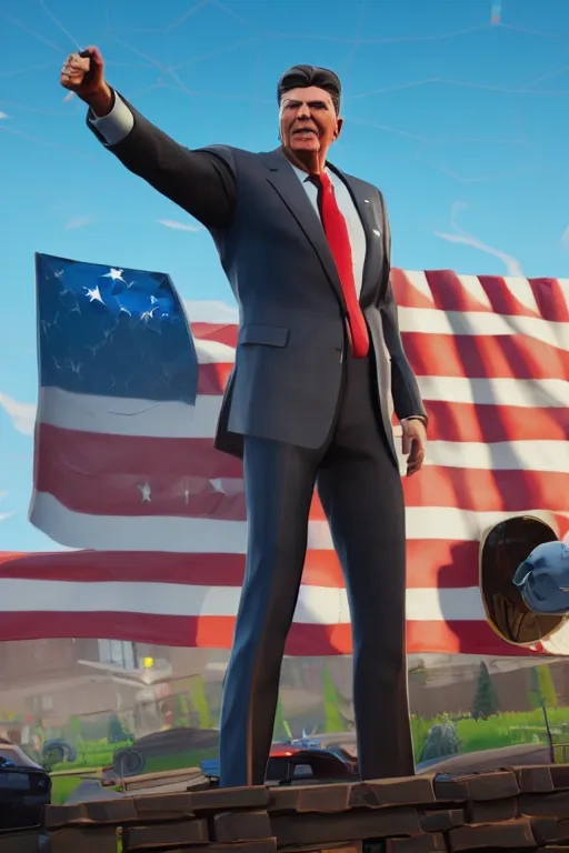 Prompt: middle aged ronald reagan, american super patriot, full body, fortnite character, unreal engine. 4 k, highly detailed