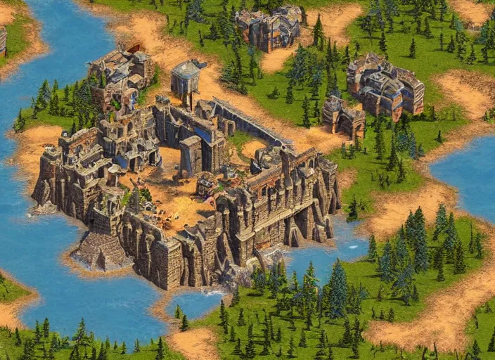 Image similar to isometric map of age of empires video game, procedural, top down, AOE2 , civilization, river, forest, cave, mountain, 3d map, woods, hills, buildings, snow, , digital art,realistic,detailed,art by greg rutkowski