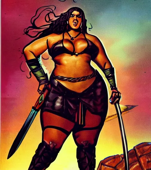 Image similar to 1 9 8 0 s fantasy novel book cover, bbw plus size amazonian zendaya in extremely tight bikini armor wielding a cartoonishly large sword, exaggerated body features, dark and smoky background, low quality print