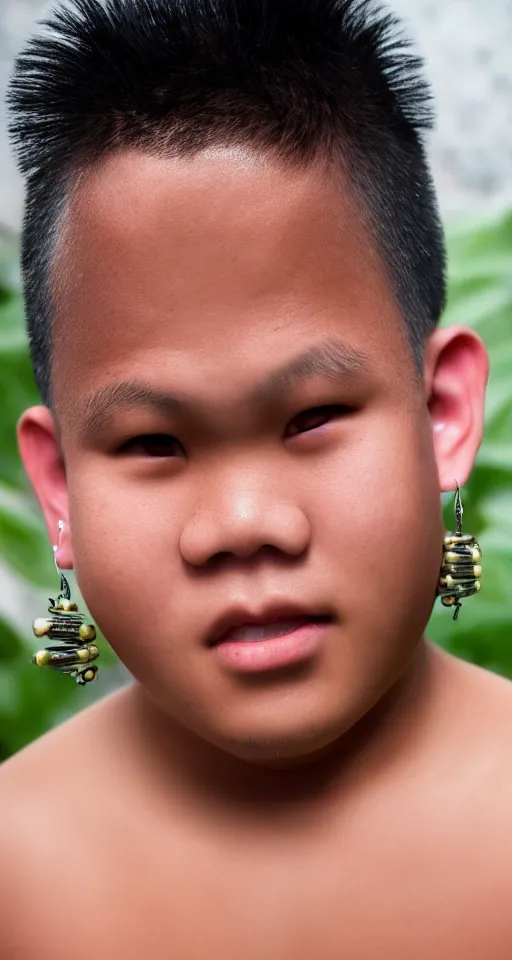 Image similar to close up of a teenage chubby filipino boy with crooked teeth, shaved sides of head, lots of curly hair on top, small studded earings, 4 k, photorealistic, high detail