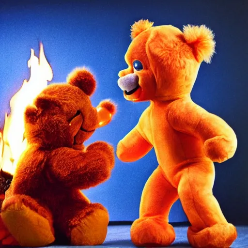 Image similar to candid photo of flaming Teddy Ruxpin, punching Smokey The Bear by Annie Leibowitz, photorealisitc, extremely detailed