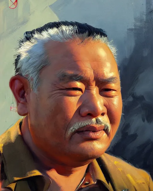 Prompt: greg manchess portrait painting of asian middle age man on moped motorbike burning, medium shot, asymmetrical, profile picture, organic painting, sunny day, matte painting, bold shapes, hard edges, street art, trending on artstation, by huang guangjian and ail elvgren and sachin teng