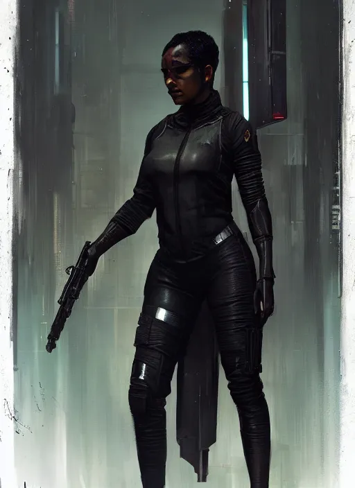 Prompt: selina igwe. cyberpunk assassin in tactical gear. blade runner 2 0 4 9 concept painting. epic painting by craig mullins and alphonso mucha. artstationhq. painting with vivid color. ( rb 6 s, cyberpunk 2 0 7 7, matrix )
