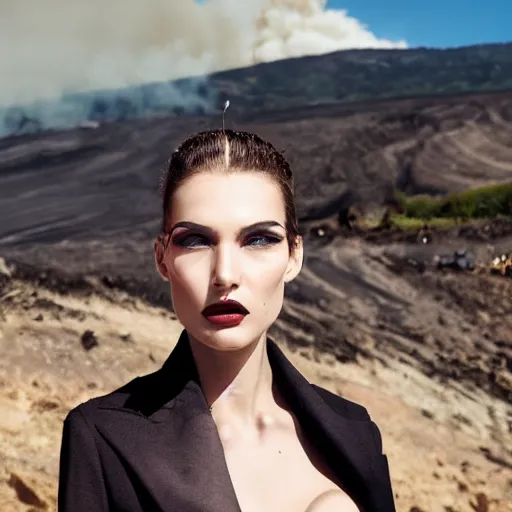 Prompt: close up of face of a fashion model in luxury dress, at etna vulcano in background, dramatic lighting, smoke, official dior editorial, highly detailed