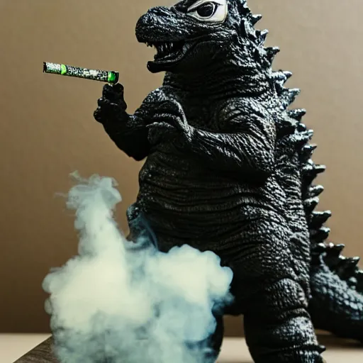 Image similar to godzilla smoking a bong, 5 5 mm