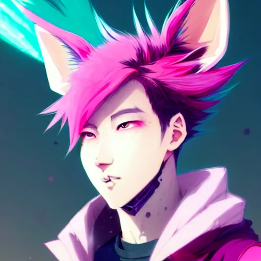 Image similar to a beautiful portrait of a handsome anime male boy with pink hair and pink wolf ears and green eyes wearing cyberpunk clothes. character design by cory loftis, fenghua zhong, ryohei hase, ismail inceoglu and ruan jia. artstation, volumetric light, detailed, photorealistic, fantasy, rendered in octane