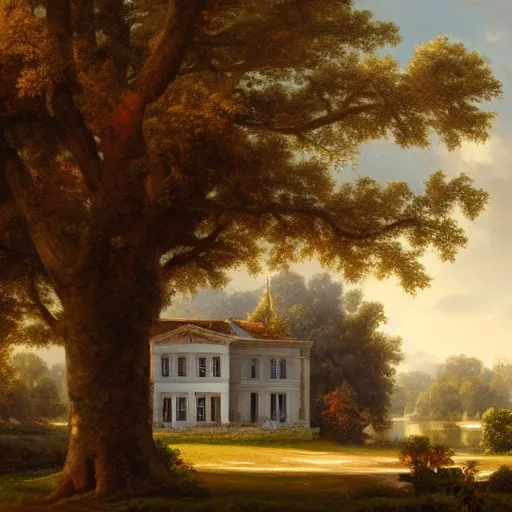 Image similar to a large serene beautiful matte painting of a delapitaded quaint french country mansion, by asher brown durand and greg rutkowski, featured on artstation, blue and orange color scheme