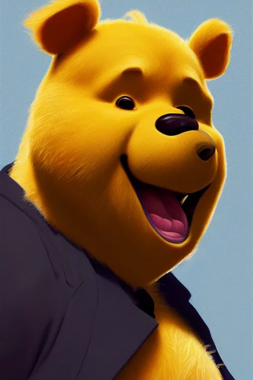 Image similar to Boris Johnson as a Winnie the Pooh, Boris Johnson hairstyle, realistic portrait, symmetrical, highly detailed, digital painting, artstation, concept art, smooth, sharp focus, illustration, cinematic lighting, art by artgerm and greg rutkowski and alphonse mucha