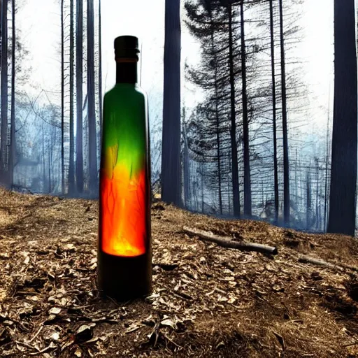 Prompt: an award - winning photo of a translucent glass vodka bottle in the shape of a propane cylinder with a blazing forest fire surrounding it