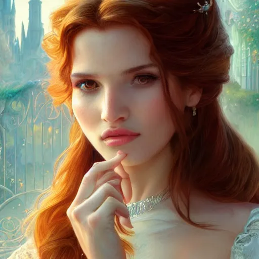 Image similar to ultra realistic illustration, bella thorne as belle from beauty and the beast, intricate, elegant, highly detailed, digital painting, artstation, concept art, smooth, sharp focus, illustration, art by artgerm and greg rutkowski and alphonse mucha