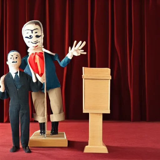 Image similar to puppeteer using marionette of a president in a podium