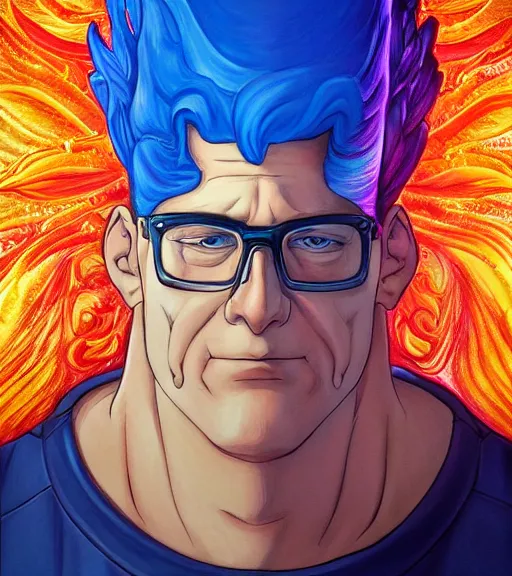 Image similar to symmetry, hank hill wearing a white tshirt, the god of propane, blue fire, art by mike judge, art by josephine wall, art by huang guangjian, art by viktoria gavrilenko, art by amanda sage, dramatic lighting, trending on artstation