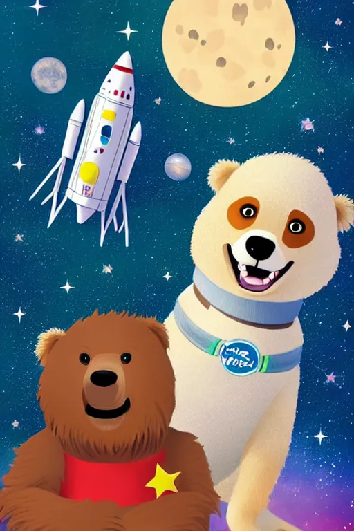 Prompt: a beautiful dog in pajamas and a bear, next to them a ship in the form of a space rocket in the background a galaxy full of stars, a planet full of holes, magic world. colorful, fantasy, pixar, children's book cover, high detail illustration, sharp high detail, manga and anime