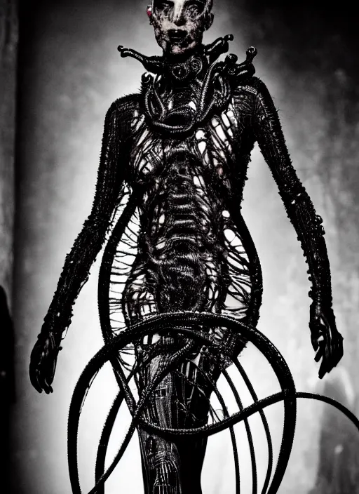 Image similar to walking down the catwalk, steven klein, show, stage, vogue photo, podium, fashion show photo, historical baroque dress dark, iris van herpen, beautiful woman, full body shot, masterpiece, intricate, wires, veins, jellyfishs, biopunk, guyver, highly detailed