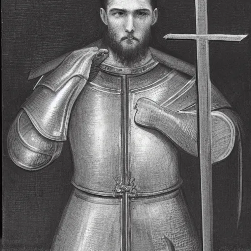 Image similar to A pale young man stands inside a prison cell. Clad in shining armor he kneels and prays to a God others would have long abandoned. Sunshine lightly grazes his cheeks as he prays, his broken spear used as a cross to focus on. The knight's expression is sad, pensive, but resolute, decisive and stubborn. Portrait.