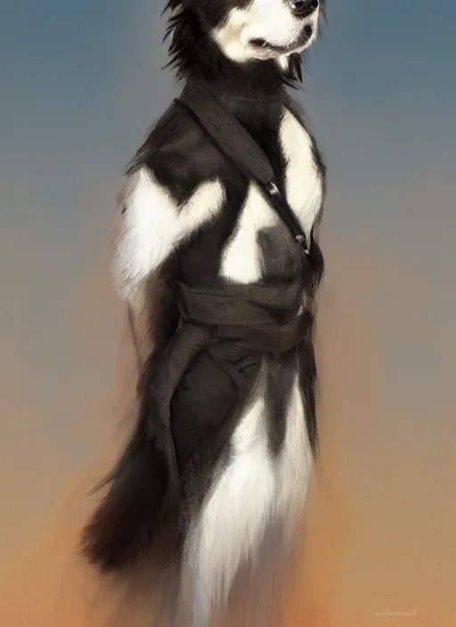 Image similar to wide angle beautiful full body portrait of a strong male anthropomorphic anthro border collie fursona in an evening gown on a pier on a lake at night, character design by charlie bowater, henry asencio, and ross tran, disney, detailed, aesthetic, trending on artstation, furaffinity, deviantart