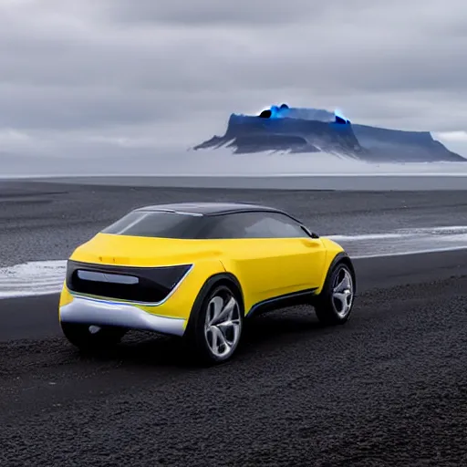 Prompt: a concept car cruising on the black sand beach of iceland