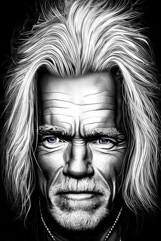 Image similar to Portrait of arnold Schwarzenegger with long white hair, elegant, photorealistic, highly detailed, artstation, smooth, sharp focus, celtic rune ornaments, neon lighting, sci-fi, art by Klimt