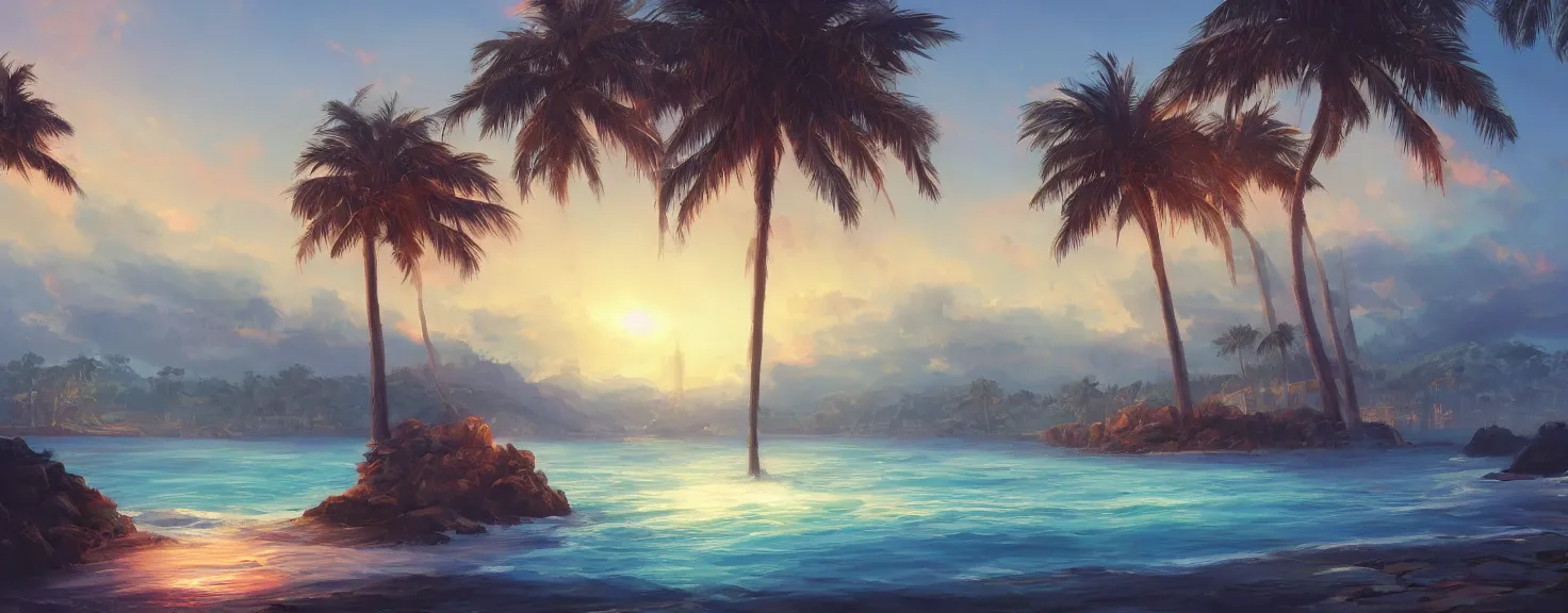 Prompt: Beautiful magical palm beach, trending on artstation, 50mm, by Noah Bradley