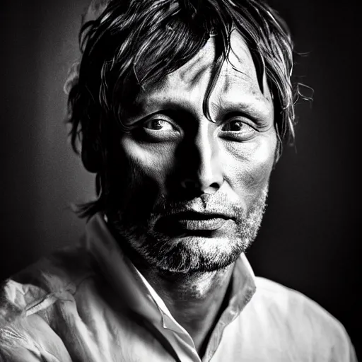 Prompt: black and white portrait of mads mikkelsen as a dark black skin toned demon with antlers, studio lighting