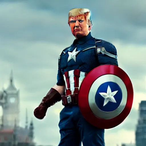Prompt: Donald Trump cast as Captain America, still from marvel movie, hyperrealistic, 8k, Octane Render,