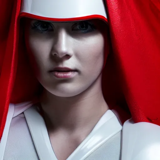 Image similar to headshot of an beautiful female soldier in glossy sleek white armor with tiny red details and a long red cape, downward angle, determined expression, on the surface of mars, night time, dramatic lighting, cinematic, sci-fi, hyperrealistic