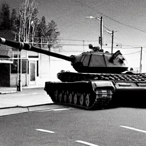 Prompt: cctv footage of a t - 9 0 tank driving past a suburban neighbhoorhood, realistic, highly detailed, black and white, at night, taken on a security cctv camera.