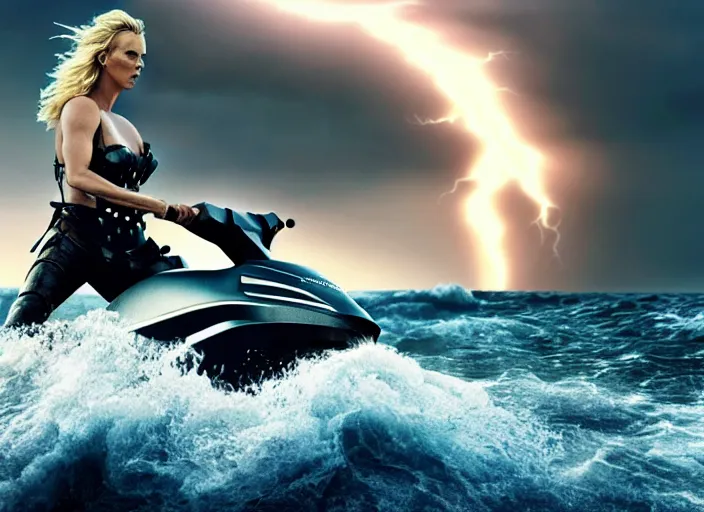 Image similar to film still of charlize theron as a viking women with weapons riding on a jet ski, wearing skin - tight futuristic valkerie bikini, rough seas in background, lightning storms, water world, mad max, hyper - realistic, highly detailed, accurate, 8 k octane render, 2 8 mm, wide angle, rule of thirds