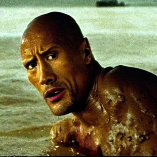 Image similar to film still, close up, dwayne johnson rising out of muddy vietnam river, face covered in mud, low camera angle at water level, night time, film still from apocalypse now ( 1 9 7 9 ), 2 6 mm