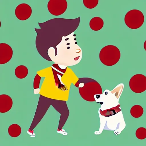 Image similar to illustration of boy playing football with a corgi wearing a polkadot scarf on the streets of paris