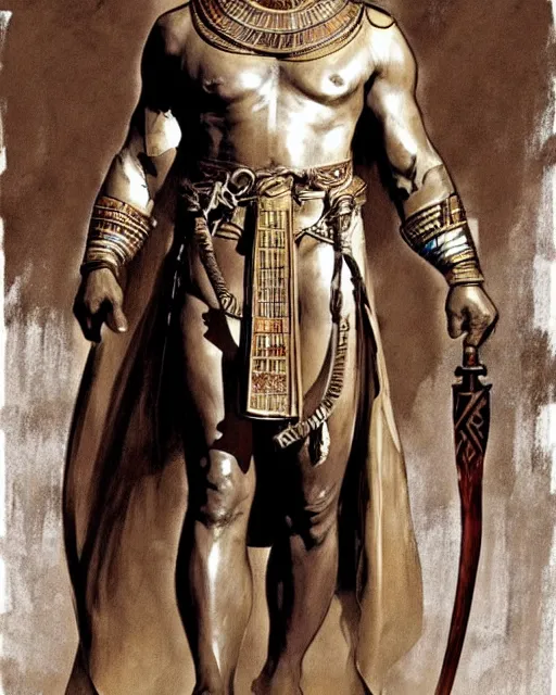 Image similar to concept art by anders zorn and craig mullins depicting djimon hounsou as a tall and very lean temple guard dressed in ancient egyptian heavy armor, flowing robes, harem pants, and leather strapped sandals