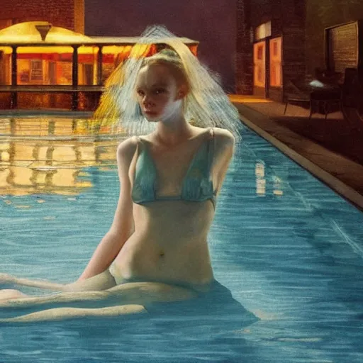 Image similar to Elle Fanning submerged in a pool at night in the world of Edward Hopper, stormy weather, streetlights, extremely detailed masterpiece, oil on canvas, low-key neon lighting, artstation, Blade Runner 2049, Roger Deakin’s cinematography, by J. C. Leyendecker and Peter Paul Rubens,