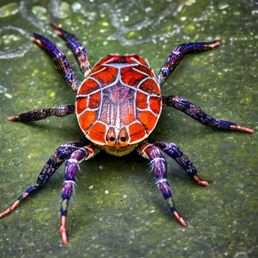 Image similar to spider turtle hybrid, bold natural colors, national geographic photography, masterpiece, in - frame, canon eos r 3, f / 1. 4, iso 2 0 0, 1 / 1 6 0 s, 8 k, raw, unedited, symmetrical balance