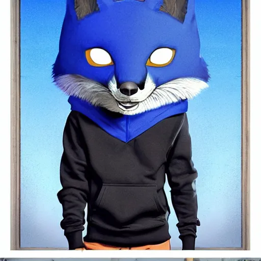 Image similar to modern ultra realistic comedy movie poster, featuring in anthropomorphic blue fox in a hoodie, promotional movie poster print