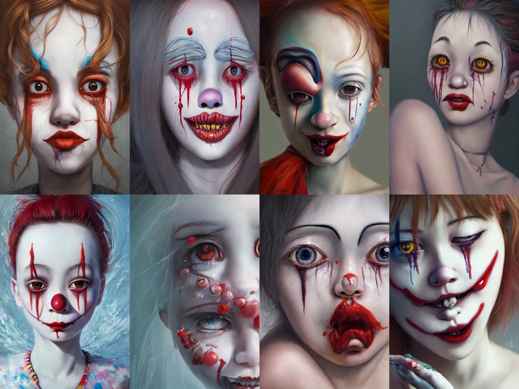 Image similar to detailed painting of clown girl crying, piercing eyes, james jean, miho hirano, hyperrealistic, octane render, ambient light, dynamic lighting